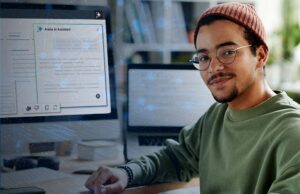 Image-Man at computer with Arena AI Assistant on screen