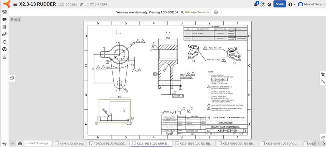 Image-A part drawing of a rudder designed by Dufour Aerospace in Onshape.