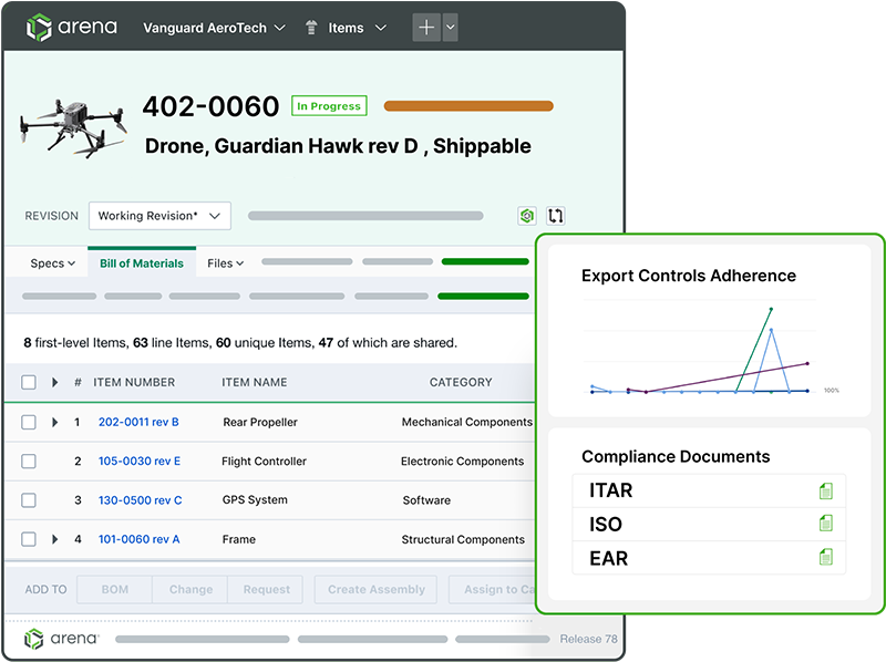 Image-Screen capture of Arena software displaying a drone bill of materials