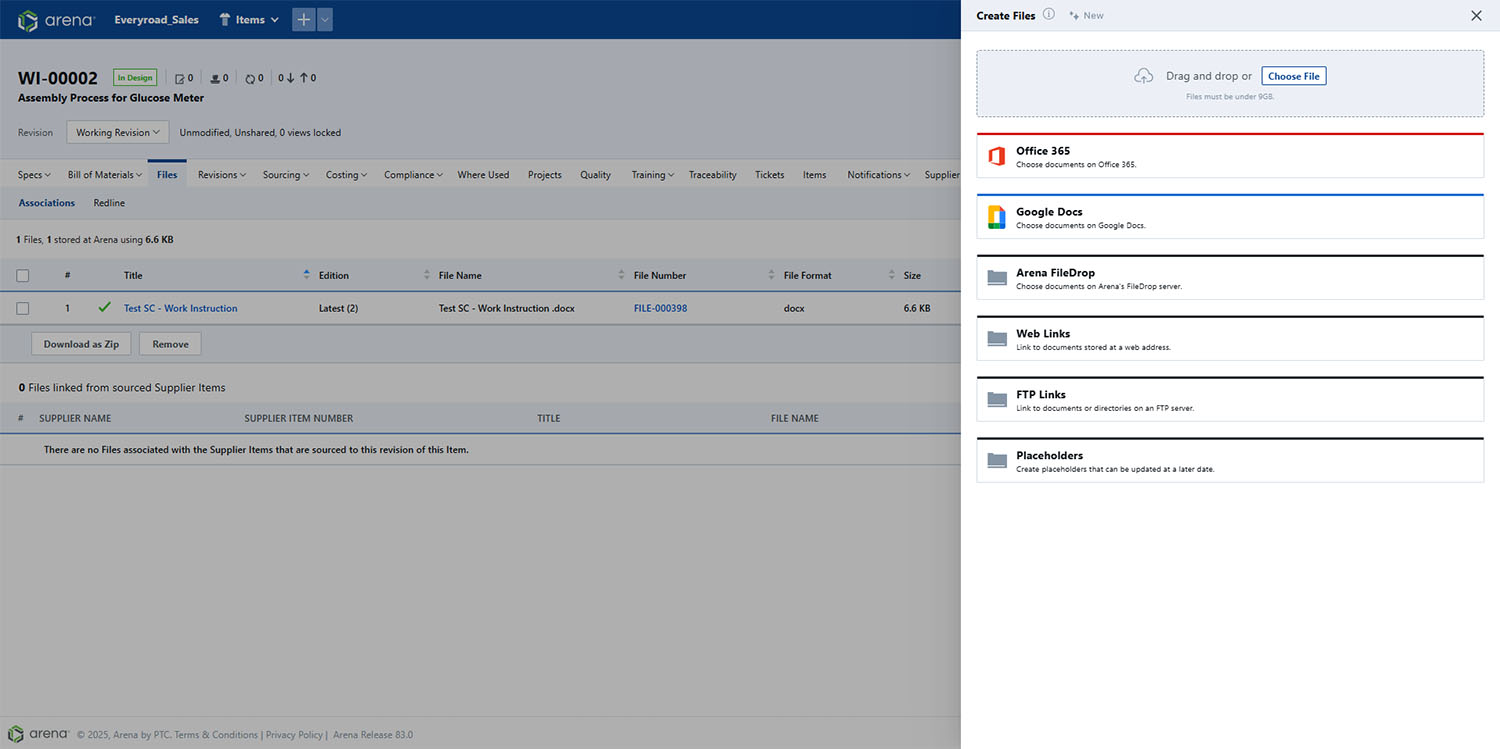 Image-Screenshot of Arena Cloud Documents Connection showing dialog box with options to create files and/or choose cloud native files