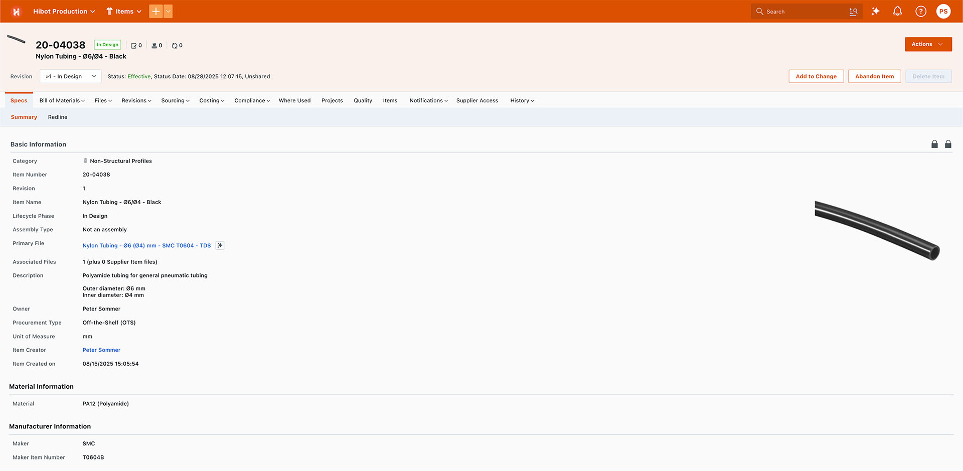 Image-Arena PLM detailed item view with links to associated documentation and revisions.