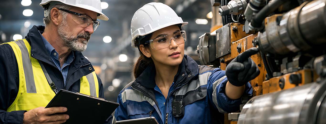 Image-Quality control inspectors examining heavy machinery in industrial plant using digital tablet