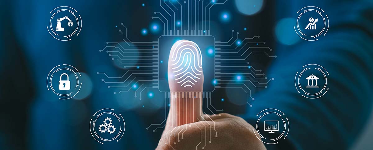 Image-Person using digital fingerprint scanning technology, surrounded by PLM virtual icons
