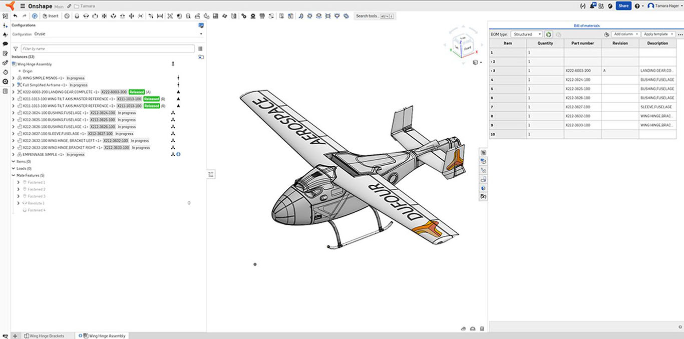 Image-A wing hinge assembly for Dufour Aerospace’s drones in Onshape.