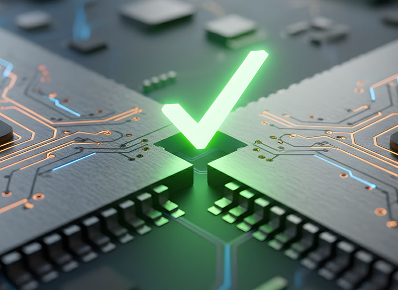 Image-Symbole de coche verte lumineuse indiquant le succès ou la validation sur un microprocesseur en circuit imprimé futuriste