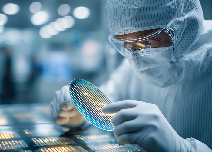 Image-Microchip fabrication process with technician examining semiconductor wafer in cleanroom environment