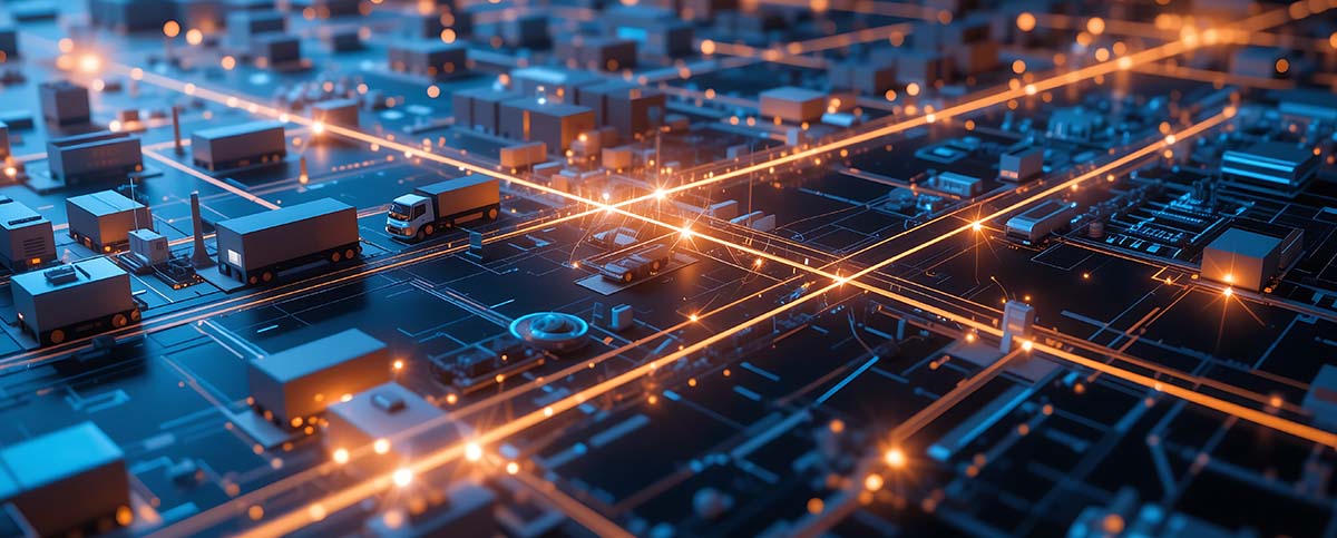 Image-Futuristic 3D holographic map of glowing supply chain paths and warehouses