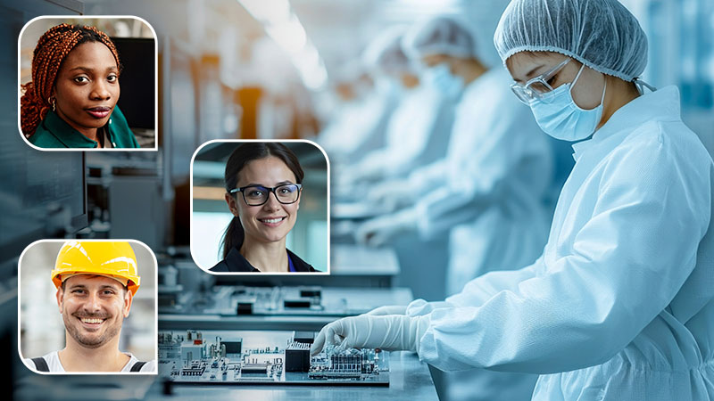 Image-Engineer carefully assembles intricate components for a medical device, with pop-out overlays of communication with team.