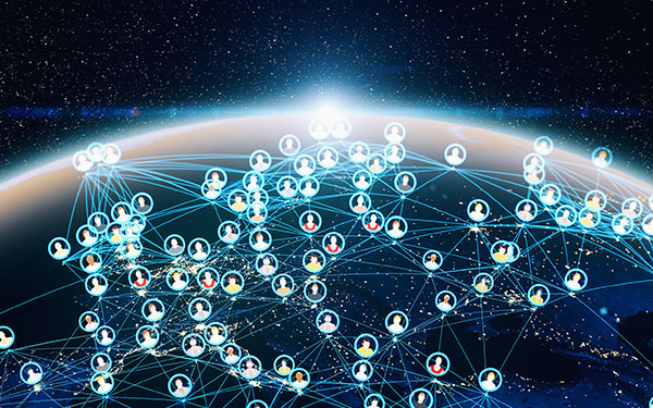 Image-Anonymous people avatars around the Globe connecting virtually