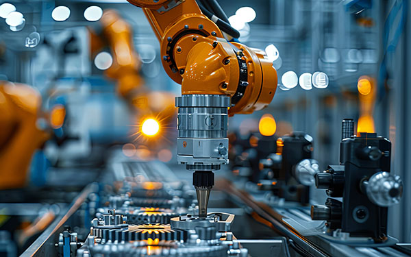 Image-Close-up of a precision robotic arm performing operations in a high-tech manufacturing facility.