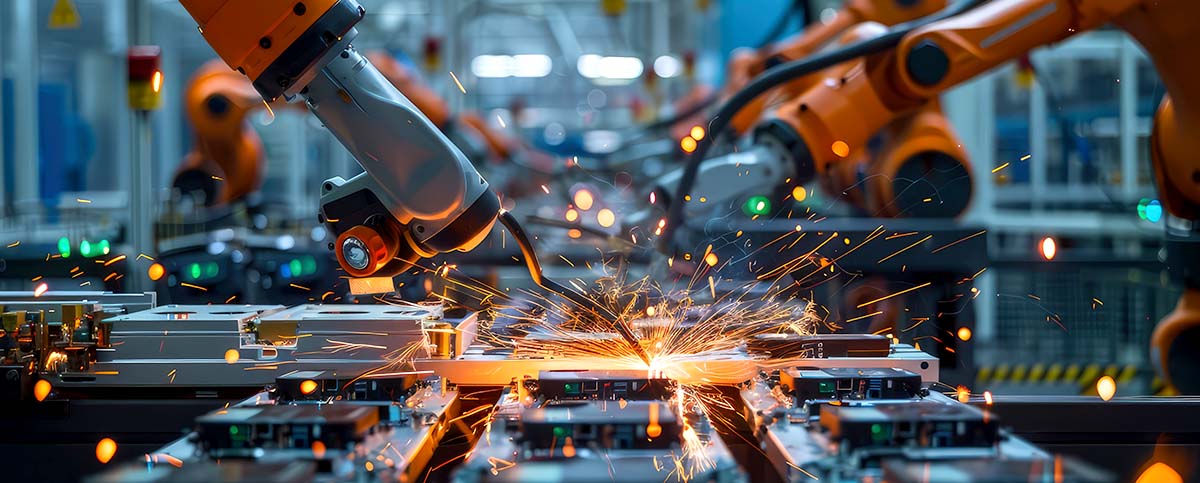 Image-high-speed assembly line where electric vehicle battery cells are being laser welded into packs