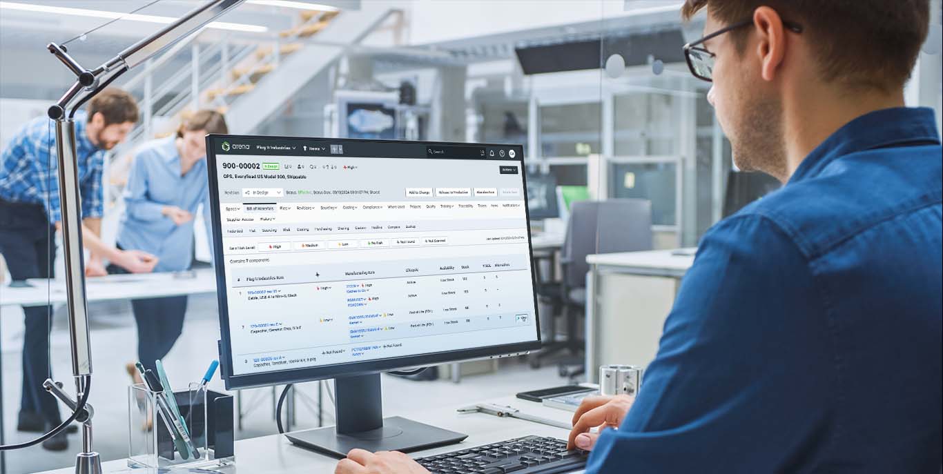 Image-Engineer Working with Arena BOM Software, New Risk Subview, on Desktop Computer