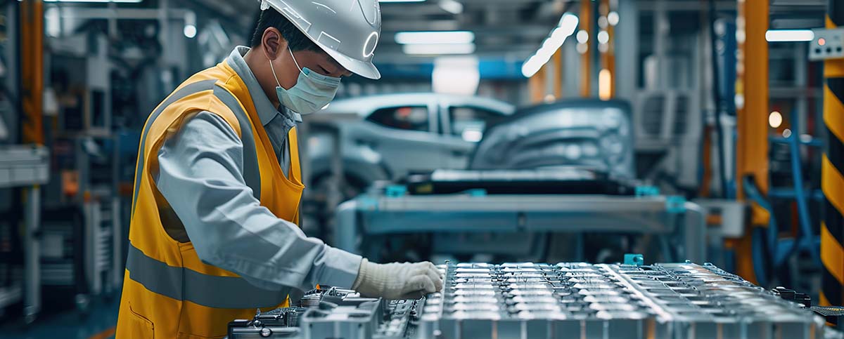 Image-engineer working on EV car battery cells module in a electric vehicle factory.