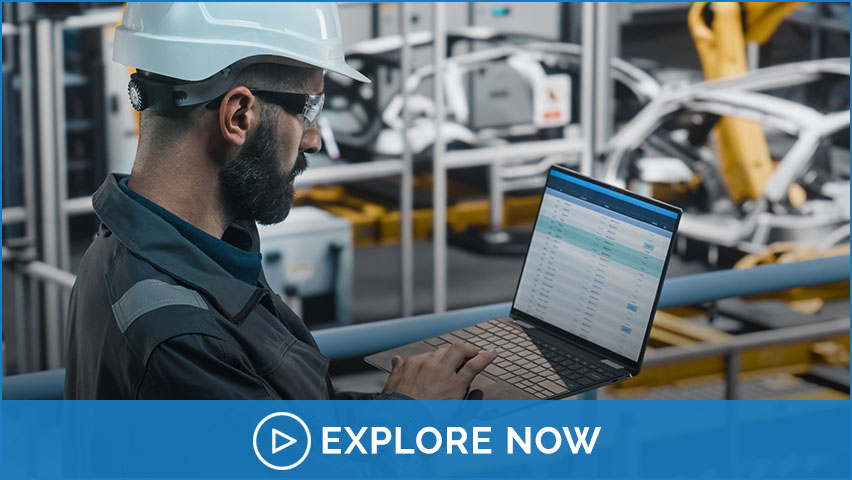Image-Image-Engåçineer using laptop working with software in automotive manufacturing. Text overlay-Explore Now