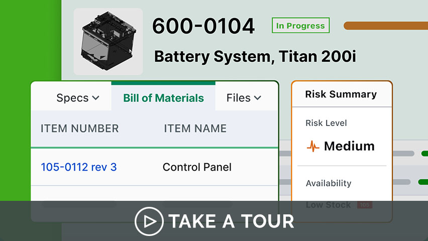 Image-Software screenshot displaying BOM  with a component item number, name, and availability risk summary 
