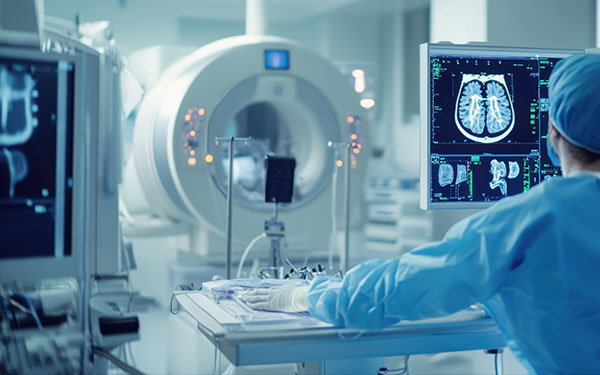 Image-Technicien calibrant un appareil d’imagerie médicale dans un hôpital, entouré d’écrans d’imagerie et d’équipements médicaux