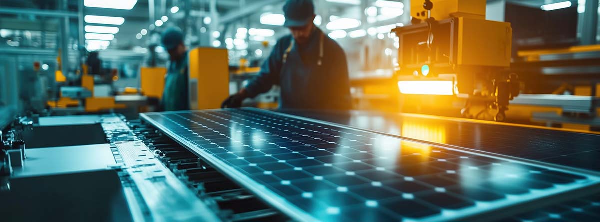 Image-Modern solar panel manufacturing process in industrial factory setting