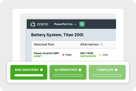 Image-Battery system listing with supply chain risk ratings and suggested alternatives