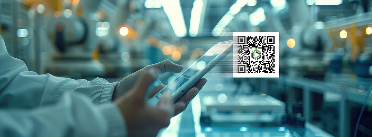 Image-Person viewing mobile screen in battery manufacturing facility with QR code overlay