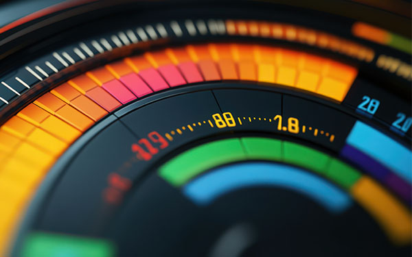 Image-Abstract futuristic speedometer interface with vibrant gradients and numbers