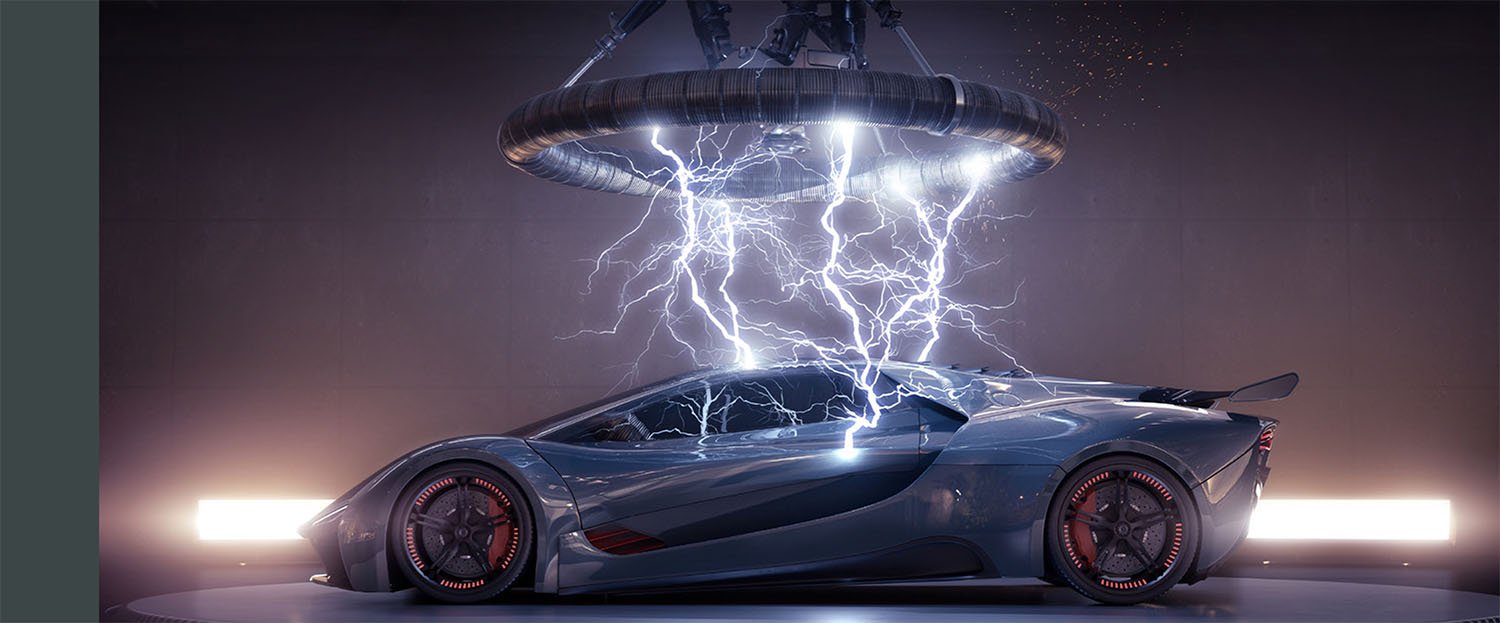Photo of Electric Sportscar being charged by lightening