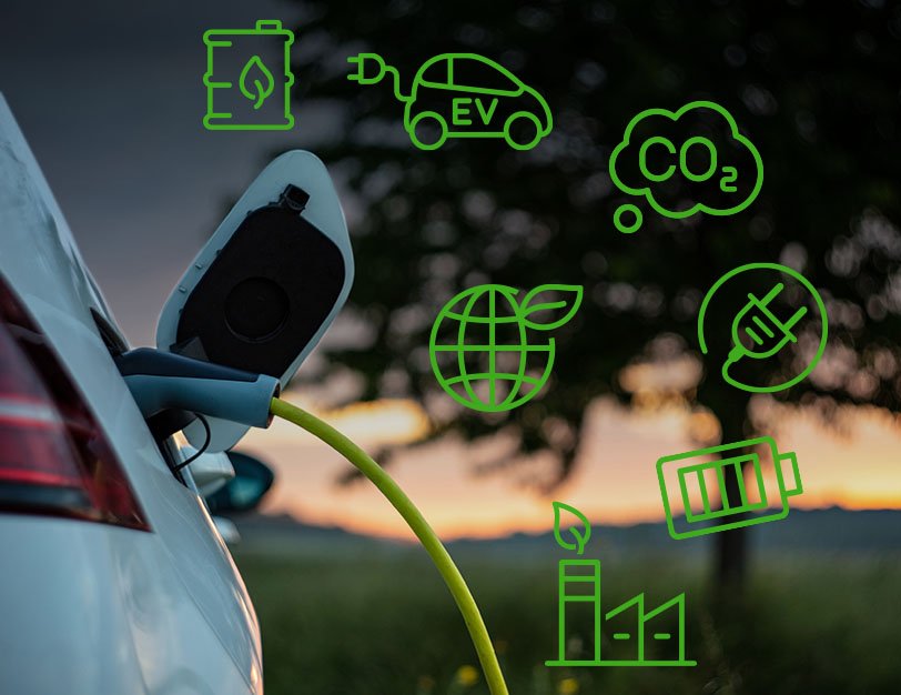 Photo of electric vehicle charging with icons representing green energy challenges