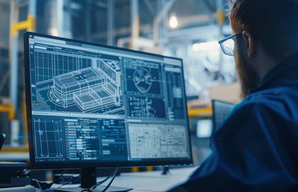 Image-Engineer working with 3D/CAD software on a desktop computer, displaying technical drawings