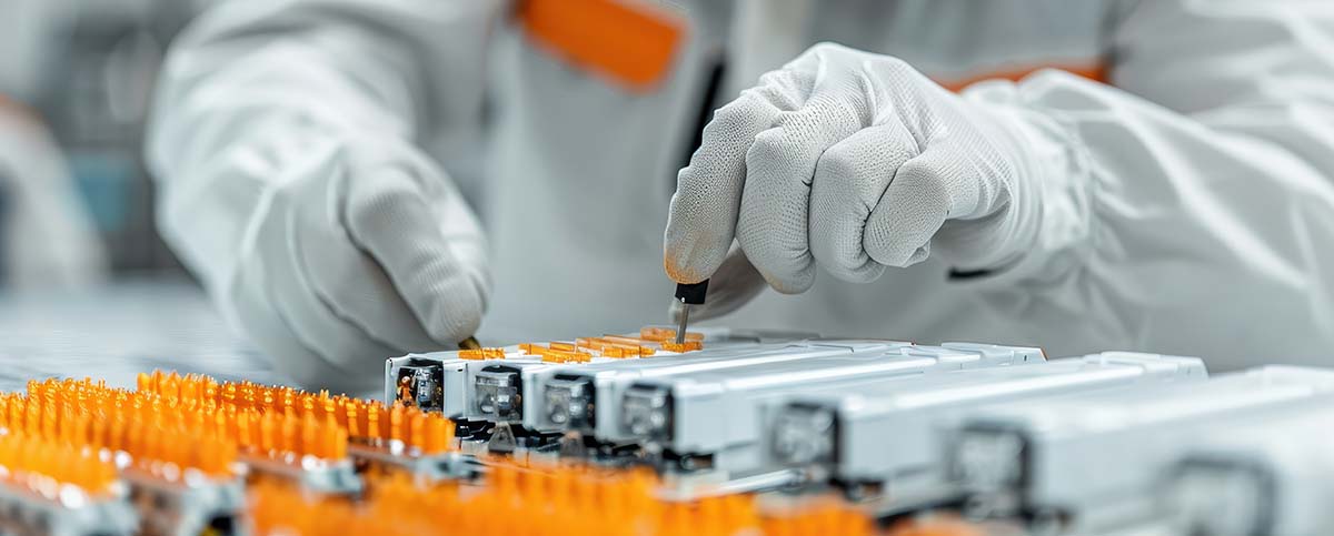 Image-A technician in a cleanroom, wearing protective gloves and suit, assembles battery modules with precision tools