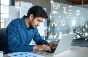Image-Man looking at manufacturing materials on laptop