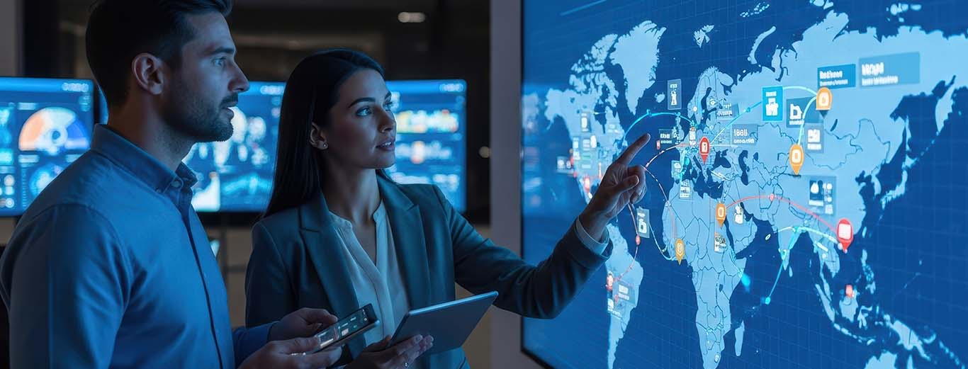 Image-Team collaboration utilizing a large touchscreen display with an interactive world map for detailed supply chain visualization