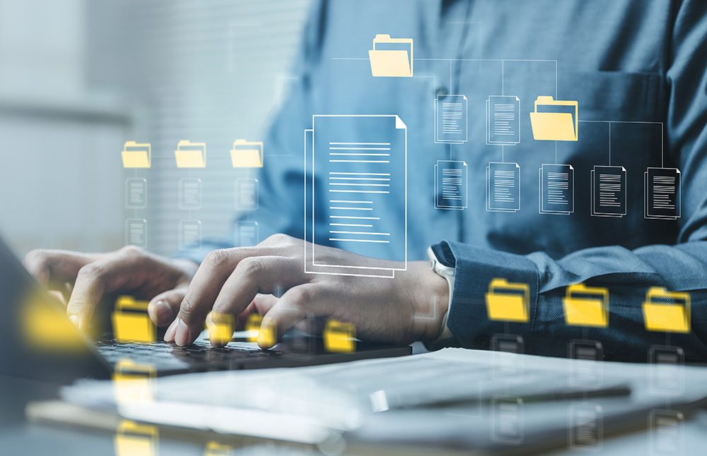 Image-Data upload concept showing document files and folders being uploaded from an account system