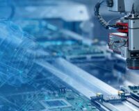 Image-Fully Automated Assembly Line Equipped with High Precision Robot Arms with an overlay of a 3D blueprint rendering of a sleek and innovative product design