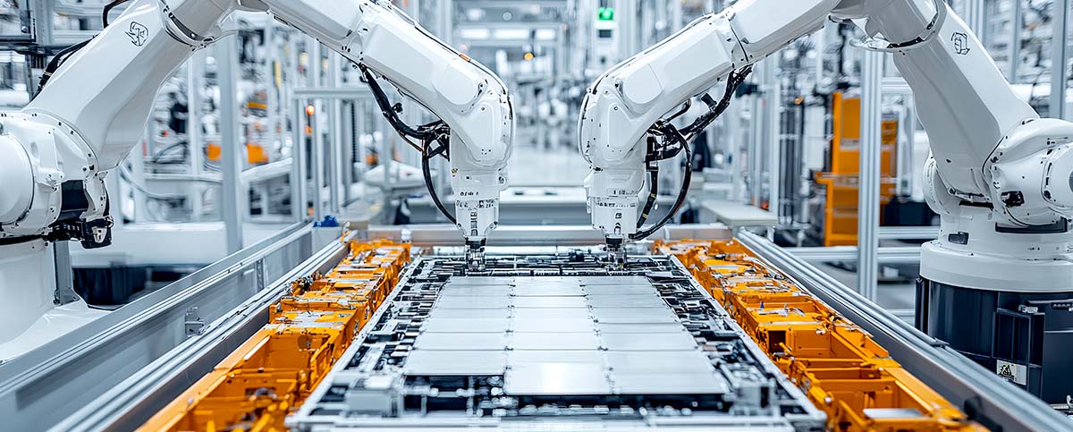 Image-electric car manufacturing line with industrial robot arms assembling EV battery packs
