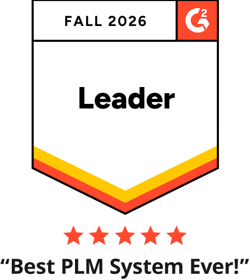 Graphic-G2 Leader Badge-Fall 2026, with 5 stars and text “Best PLM System Ever!”