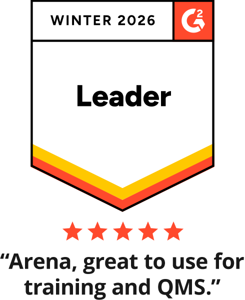 Graphic-G2 Leader Badged-Winter 2026, with 5 stars and text “Arena, great to use fortraining and QMS.”