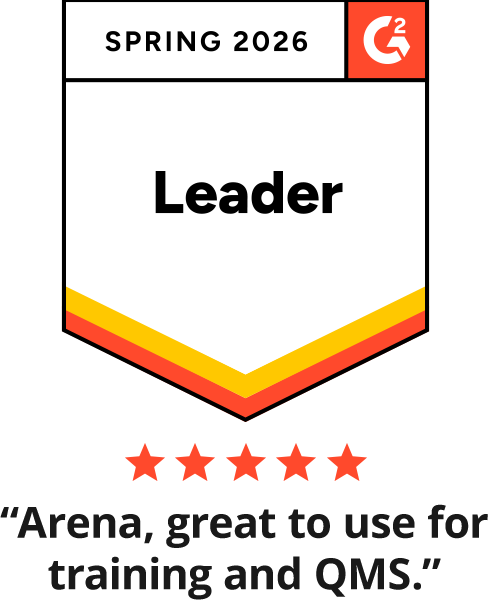 Graphic-G2 Leader Badge-Spring 2026, with 5 stars and text “Arena, great to use fortraining and QMS.”