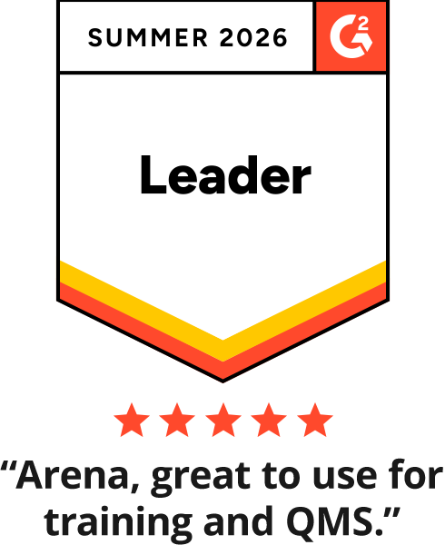 Graphic-G2 Leader Badge-Summer 2026, with 5 stars and text “Arena, great to use fortraining and QMS.”