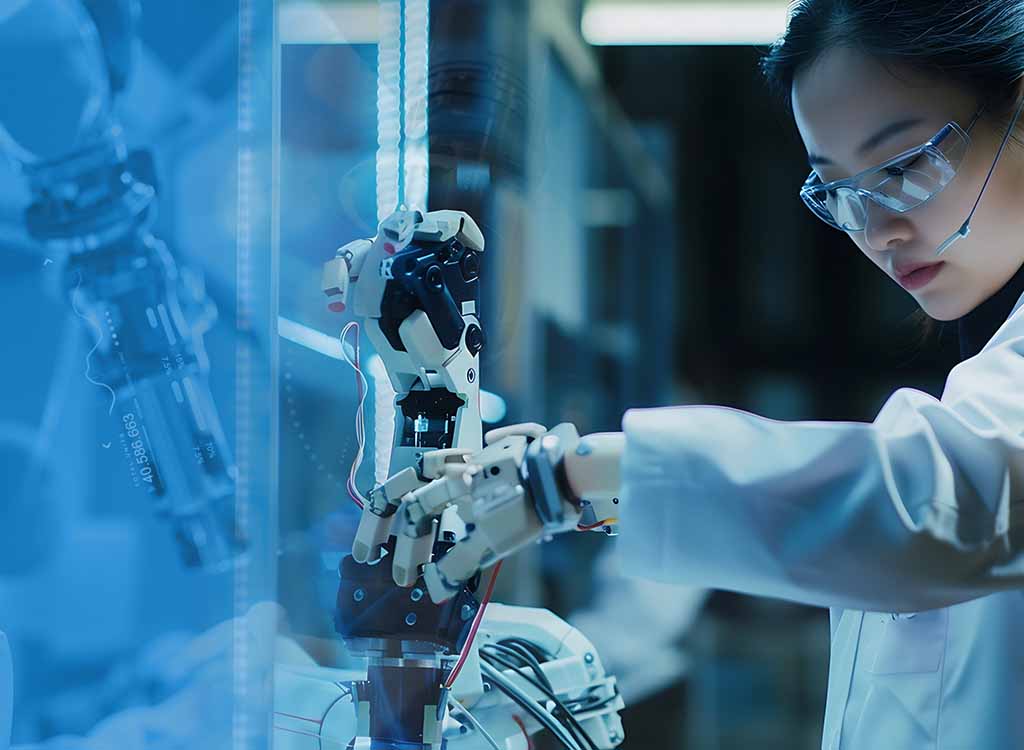 Image-Ingénieur réparant un composant de main bionique high-tech dans une usine technologique
