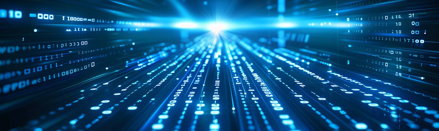 Image-Abstract digital background with blue binary code and light streaks on black, representing data flow in technology