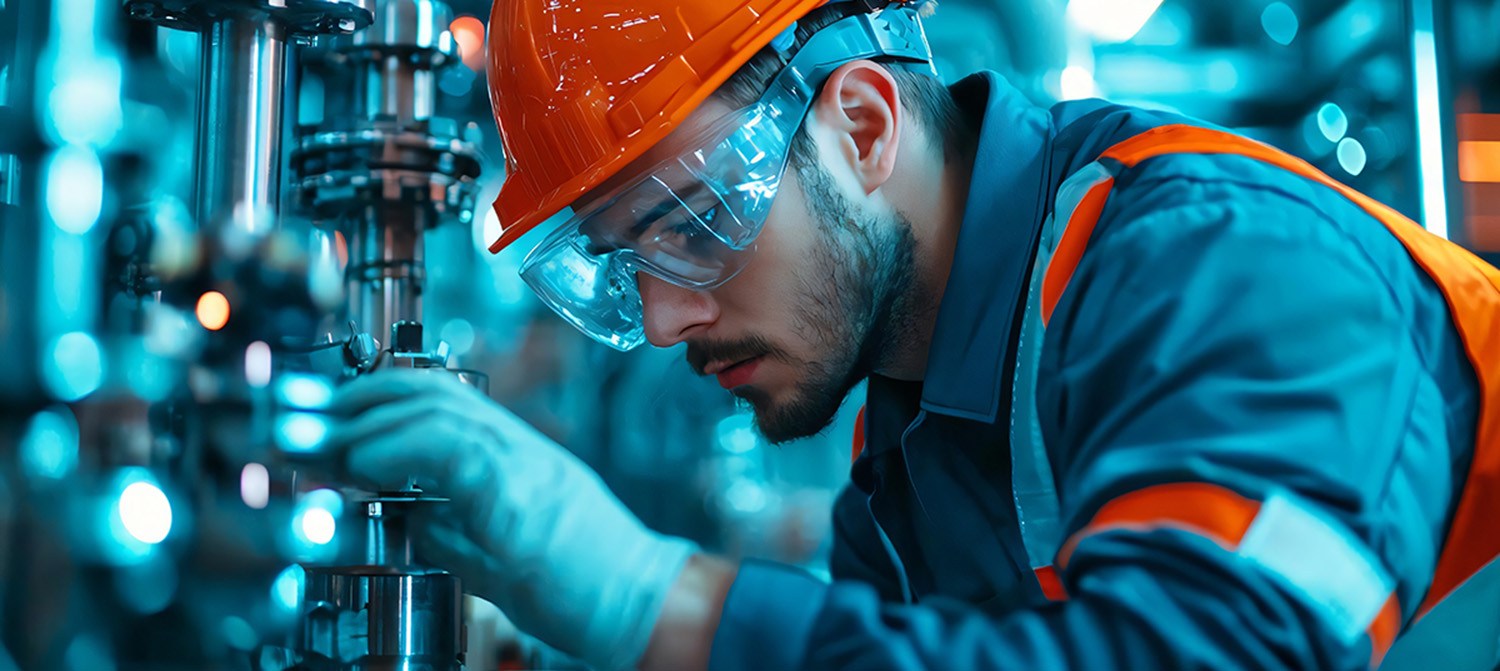 Image-A focused worker in safety gear examines machinery in a manufacturing setting