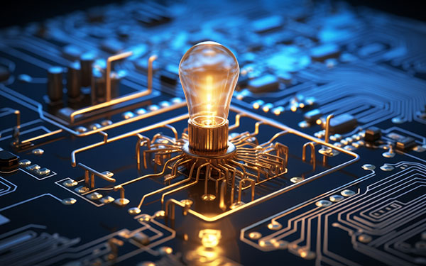 Image-<br />
Downloaded<br />
Innovative light bulb with circuit board on dark blue background