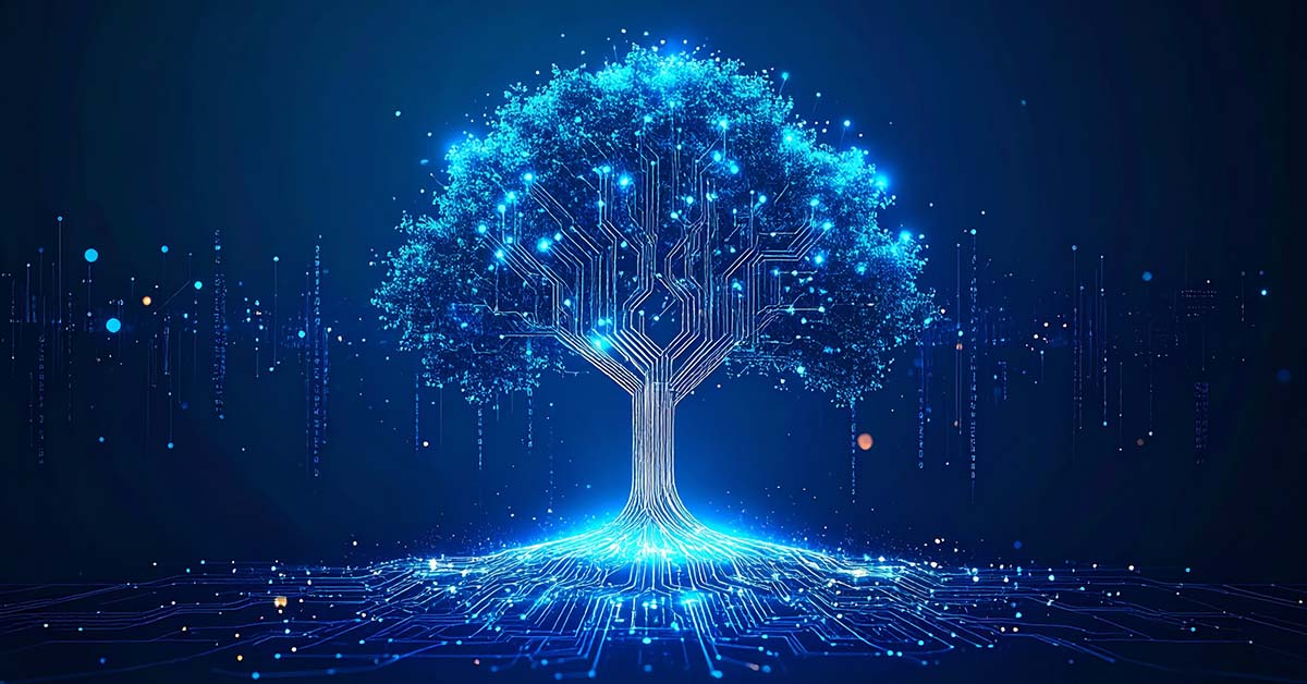 Image-A futuristic digital tree of knowledge with glowing blue lights and roots forming a complex data network