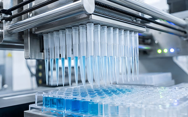 Image-Automated laboratory equipment precisely dispensing blue liquid into microtiter plate