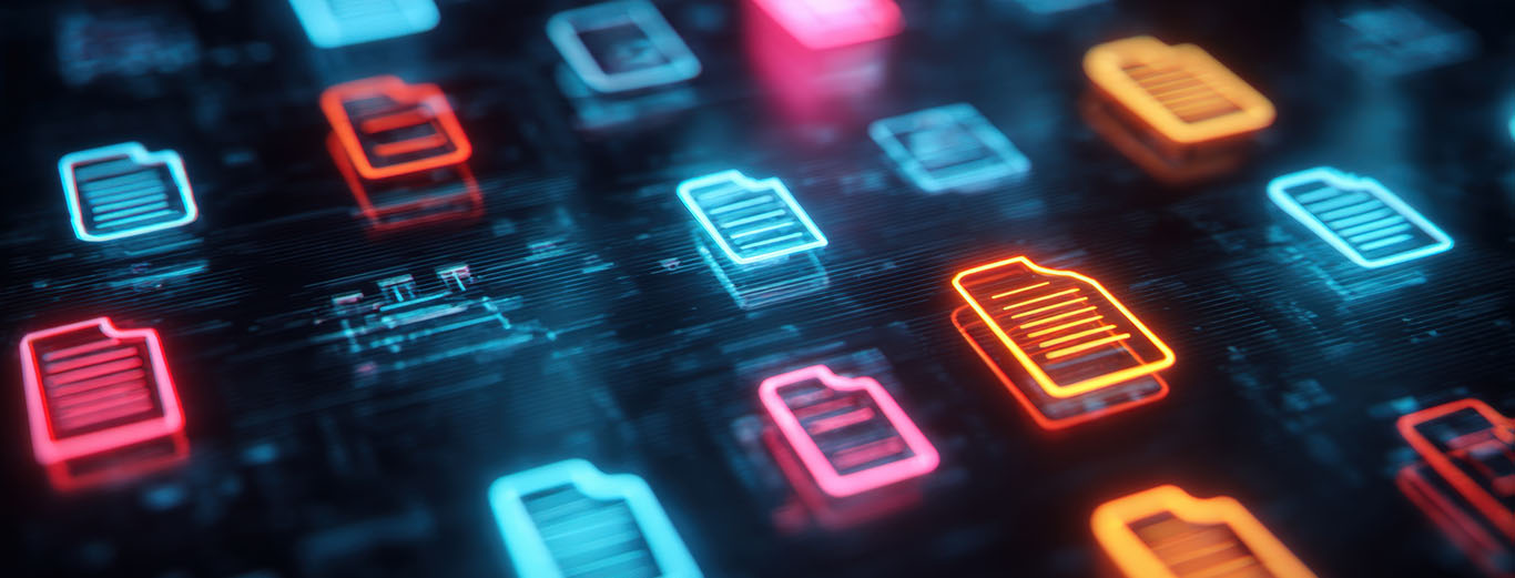 Image-Digital Documents: Abstract glowing file icons representing data management, organization, and digital information on a modern dark background