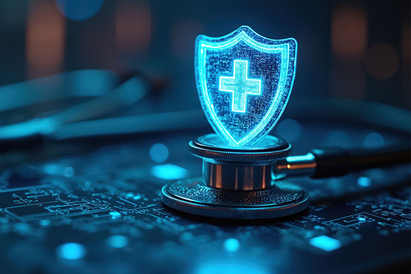 Image-Stéthoscope posé avec un caducée sur un fond de circuit imprimé/technologique, symbolisant la protection des données