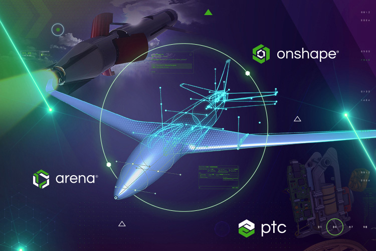 Image-Stylized graphic with PTC, Arena, and Onshape logos around a 3D wireframe of a drone with aerospace, electronics, and graphic elements