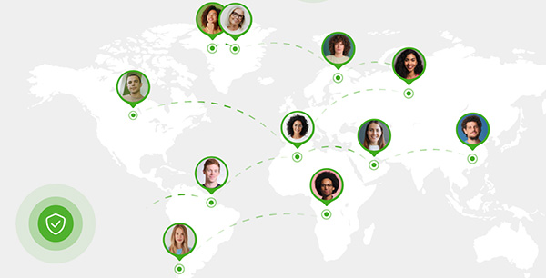 Image illustrating global scalability,  user avatars pinpointed around the globe 