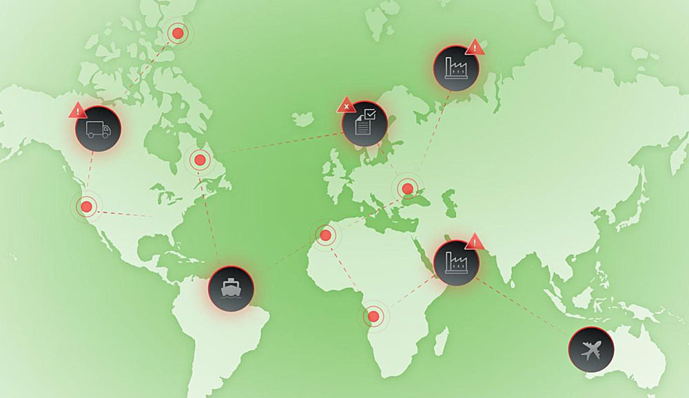 Image-graphic depicting global disruption and communication between manufacturers, vendors, and suppliers