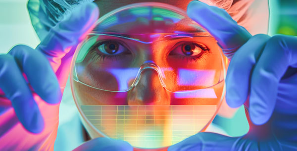 Image-Scientist wearing inspects a semiconductor chip