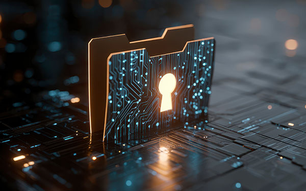 Image-Conceptual image of a folder with a keyhole integrated on a circuit board, suggesting data protection & information security